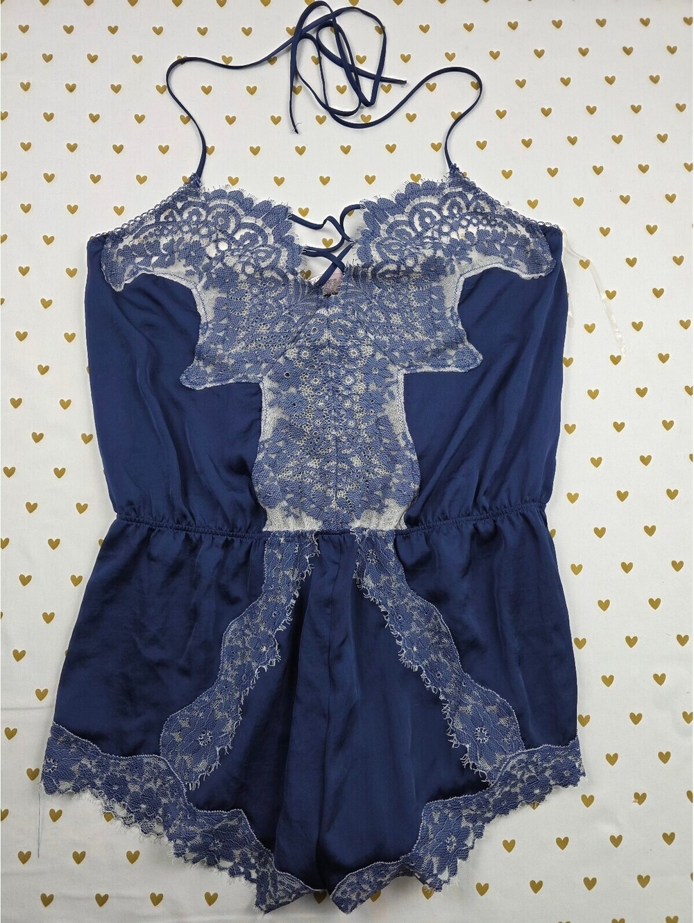 Victorias Secret Blue Sexy Sartin Lace Teddy Romper Bodysuit Lingerie LARGE